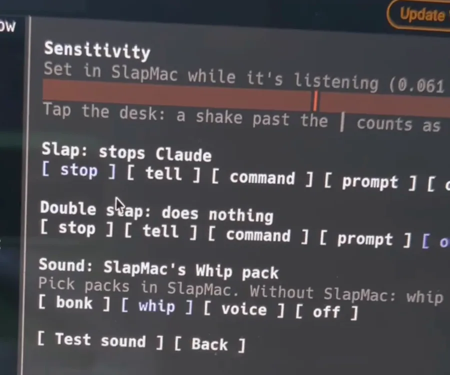 The slapmod settings page with the sensitivity meter, the slap actions and the sound