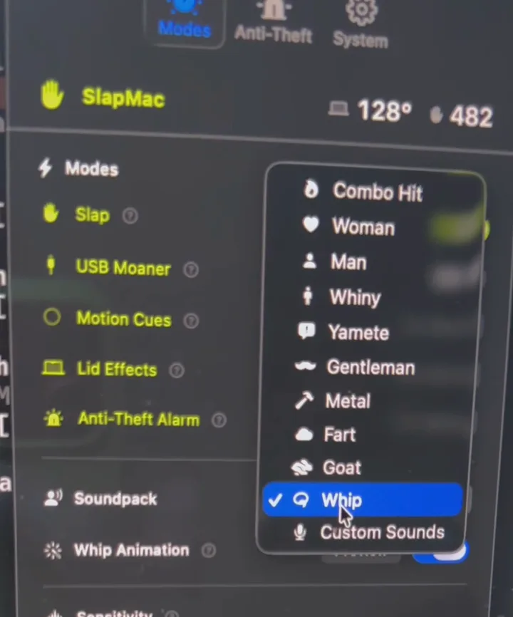 The SlapMac menu bar app with its modes: Slap, USB Moaner, Motion Cues, Lid Effects and the Anti-Theft Alarm