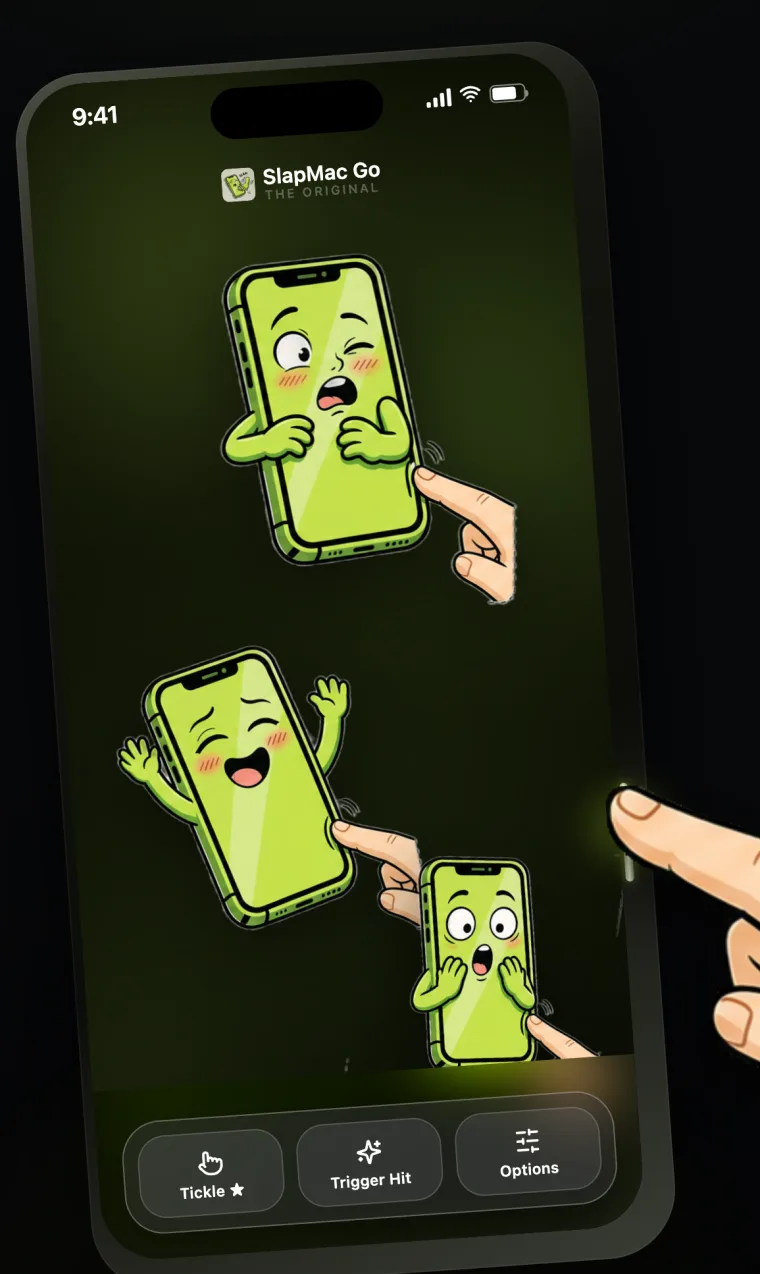 Tickle mode: cartoon phone stickers laughing on screen while a finger slides the Camera Control button
