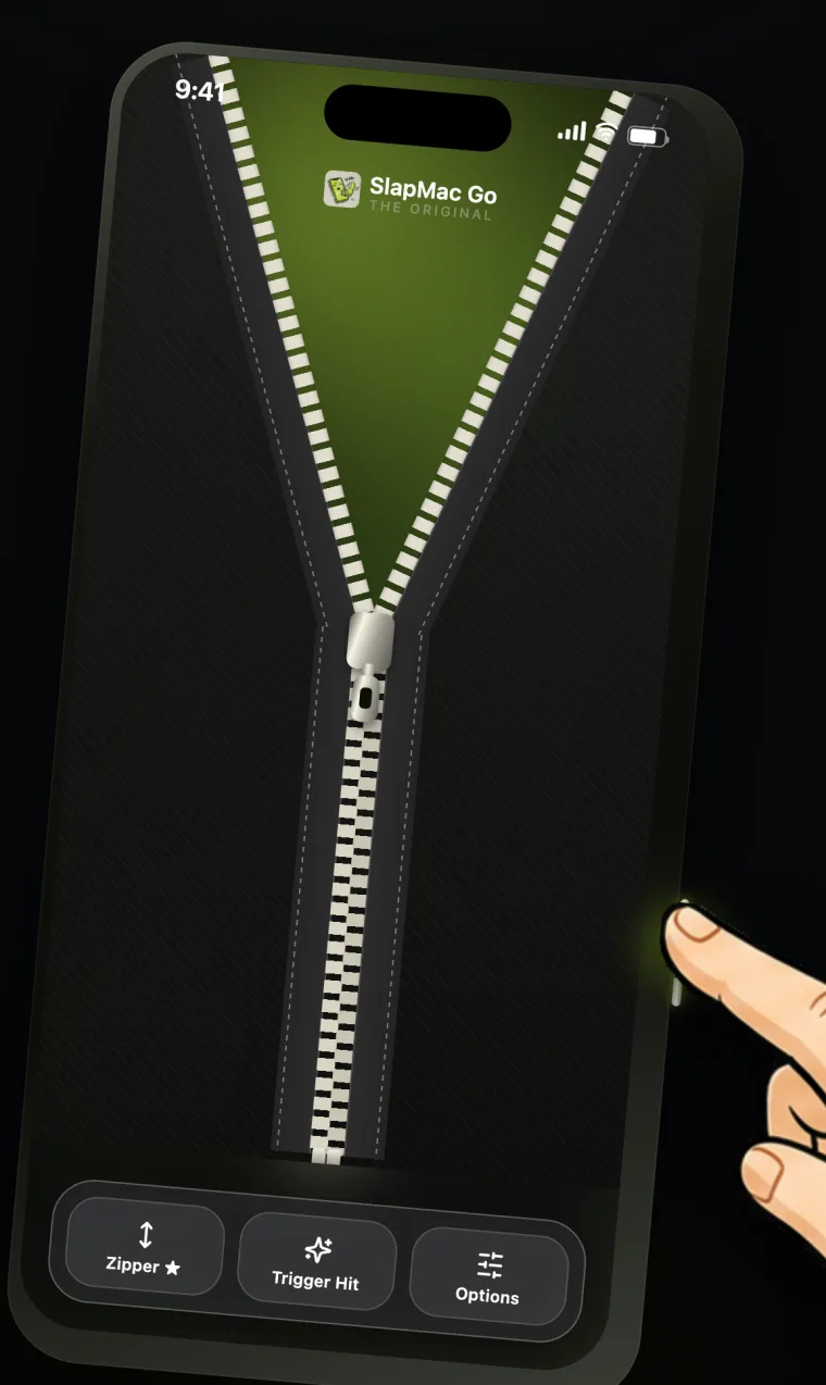 Zip mode: a zipper drawn down the phone screen, tracked by a finger on the Camera Control button