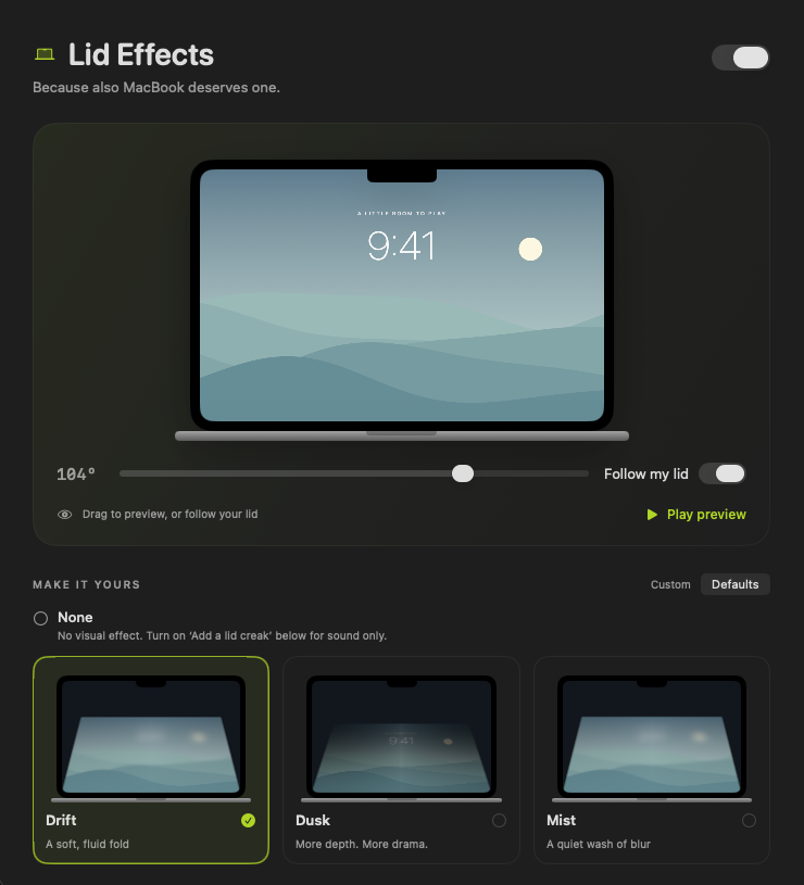 SlapMac Lid Effects settings with a live lid preview and Drift, Dusk and Mist animation styles.